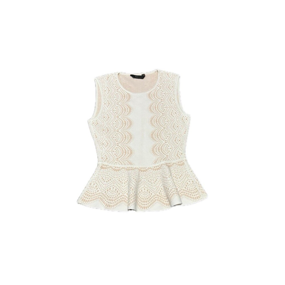 BCBGMaxAzria Alonya Tan And White Knit Peplum Top Size Medium